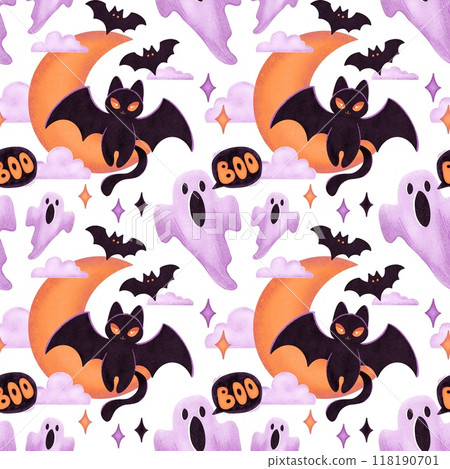 Halloween holiday seamless pattern with black cat, bat, ghosts and half moon on white 118190701
