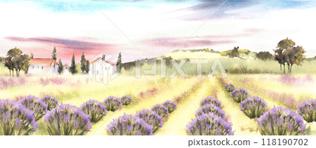 Lavender fields in bloom. Landscape with old houses, trees, cypresses. Hills with cloudy sunset sky. Watercolor country Provence. Isolated Illustration for card, poster. Original hand drawn background 118190702