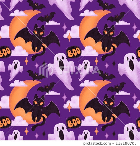 Halloween holiday seamless pattern with black cat, bat, ghosts and half moon on purple back 118190703