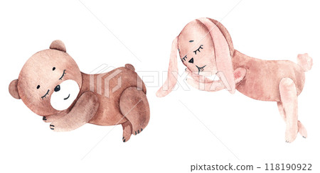 Cute Children's plush Toys. Teddy Bear and pink Bunny, Rabbit. Watercolor illustration in vintage style isolated on white background. Design Element for kids cards and posters. 118190922