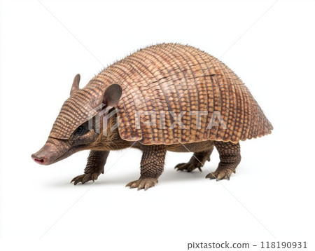adorable armadillo walks steadily, its unique armor-like shell glistening in the light, capturing a moment of natural elegance and charm. 118190931
