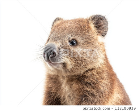 delightful wombat sits calmly, showcasing its soft, thick fur and adorable small ears, perfectly framed by an elegant white background that emphasizes its charm. 118190939