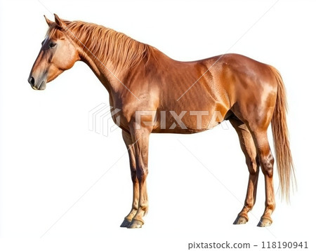 captivating wild mustang horse stands proudly in profile, showcasing its powerful physique and flowing mane, illuminated by a bright white background. 118190941