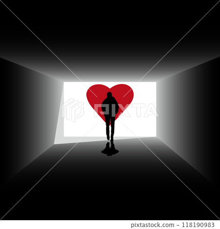 Silhouette within a dark tunnel adorned with an expressive heart symbol depicted artistically Silhouette within a dark tunnel adorned with an expressive heart symbol depicted artistically 118190983