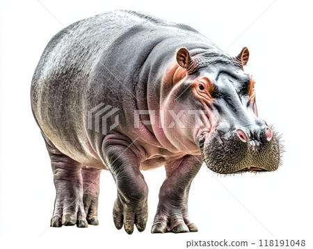 large hippopotamus walks forward, its mouth slightly open, exuding power and grace. The isolated backdrop highlights its impressive form and distinctive features. large hippopotamus walks forward, its mouth slightly open, exuding power and grace. The isolated backdrop highlights its impressive form and distinctive features. 118191048