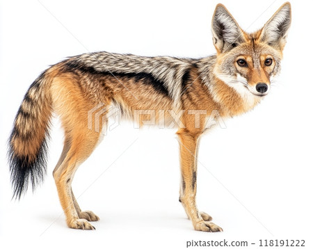 vigilant black-backed jackal stands with its head turned, emphasizing its keen senses. The animal's fur glistens, creating a striking contrast against the minimalist backdrop. 118191222