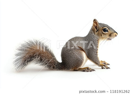 playful sun squirrel perches upright, its fluffy tail wrapped around its body, exuding curiosity and charm. The pristine white backdrop emphasizes its adorable features. playful sun squirrel perches upright, its fluffy tail wrapped around its body, exuding curiosity and charm. The pristine white backdrop emphasizes its adorable features. 118191262