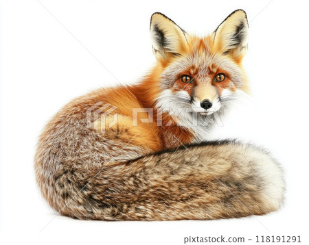 elegant red fox curls its bushy tail around its legs, displaying a calm demeanor while isolated against a bright white background, showcasing its striking colors and features. 118191291