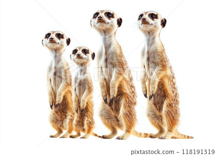 family of meerkats stands in a line, their heads tilted in curiosity. They seem to observe the surroundings, showcasing their playful nature against a bright backdrop. 118191319