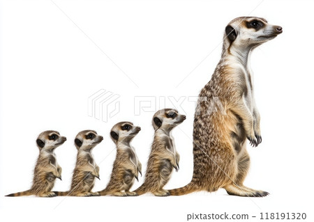 playful meerkat family stands in a line, their heads tilted curiously, showcasing their inquisitive nature against a stark white backdrop. 118191320