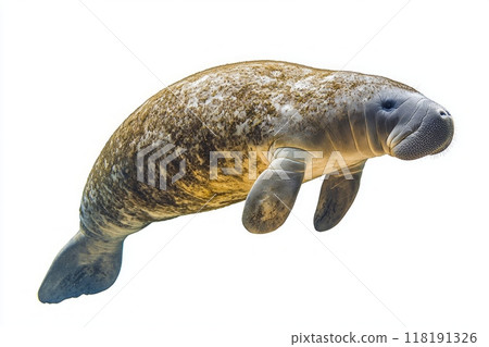 manatee swims forward, showcasing its distinct gentle curves and paddle-like tail. This serene aquatic creature epitomizes tranquility in a pristine white setting. 118191326