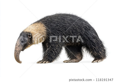 giant anteater walks with an elegant gait, displaying its long snout and bushy tail against a stark white background, emphasizing its unique form and texture. 118191347