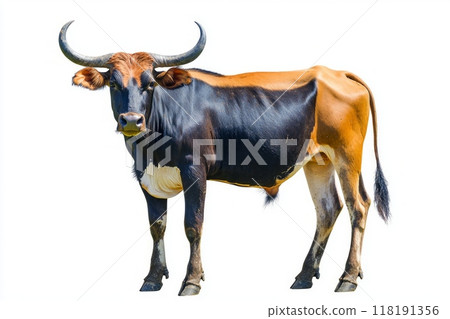 powerful gaur showcases its sturdy build and large horns, perfectly isolated for a striking visual impact, capturing the essence of this magnificent creature. 118191356