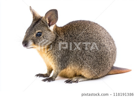 dusky pademelon sits upright, displaying its round body and short limbs in a moment of calm. The minimalist white background enhances its charming features and natural beauty. 118191386