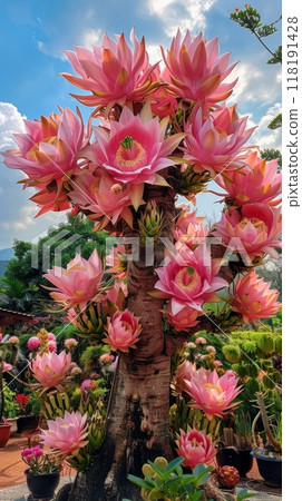 Tree with large pink flowers blooming outdoors under a blue sky. Garden and nature photography. Tree with large pink flowers blooming outdoors under a blue sky. Garden and nature photography. 118191428