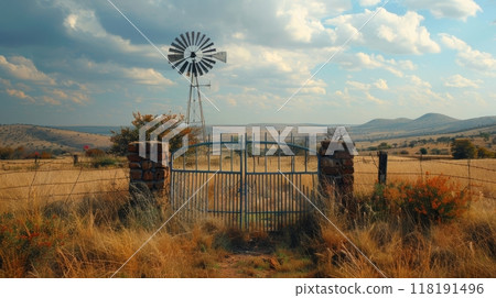 Rural Windmill Gate Under Blue Sky. A rustic windmill standing tall behind an open gate in a rural landscape under a blue sky, depicting countryside tranquility. 118191496