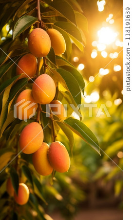 Ripe Mangoes Hanging on Tree Branch. Cluster of ripe mangoes hanging on a tree branch, bathed in warm sunlight, ready for harvest. Ripe Mangoes Hanging on Tree Branch. Cluster of ripe mangoes hanging on a tree branch, bathed in warm sunlight, ready for harvest. 118191639