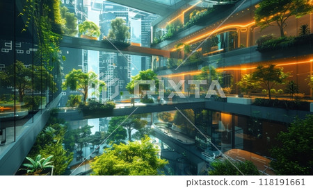 Innovative Urban Vertical Forest Building. Innovative urban building featuring multiple floors with lush greenery, creating a vertical forest and promoting sustainable living in a modern cityscape. 118191661