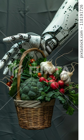 Robotic hand holding a basket filled with fresh vegetables. Futuristic agriculture and automation concept. 118191726