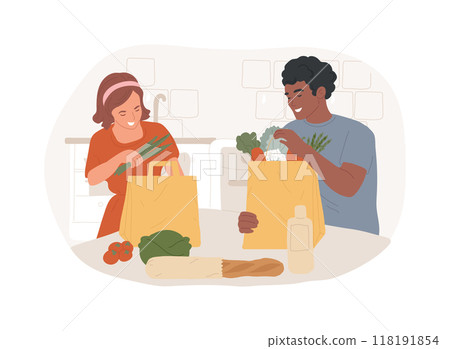 Unpacking grocery bags isolated cartoon vector illustrations. 118191854