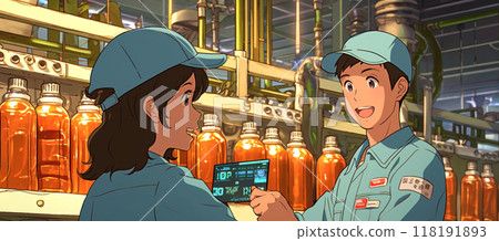 Male and female engineers checking production status at beverage factory_Precise illustration 2 118191893