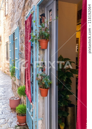 Charming alleyway with potted plants and blue shutters 118192064