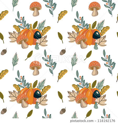 Seamless vector autumn pattern featuring pumpkins, mushrooms, leaves, acorns, and berries. Ideal for fall-themed textiles, wallpapers, and seasonal packaging designs with warm and earthy tones. Seamless vector autumn pattern featuring pumpkins, mushrooms, leaves, acorns, and berries. Ideal for fall-themed textiles, wallpapers, and seasonal packaging designs with warm and earthy tones. 118192176