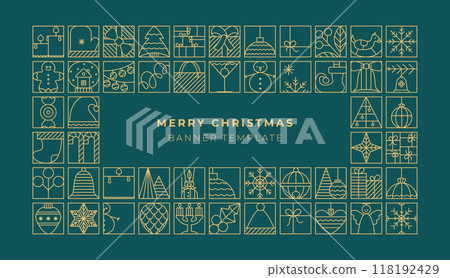 Line luxury christmas banner, card, flyer, poster design. Xmas simple vector template with tree, bauble ball, snowflake icons. 118192429