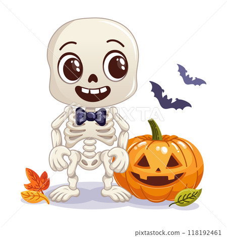 Cute cartoon skeleton with a carved pumpkin and colorful autumn leaves. Fun and playful Halloween vector illustration 118192461