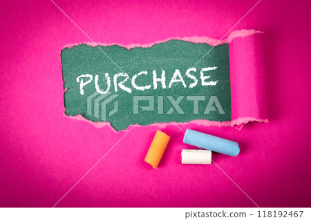 Purchase. Text under torn purple paper on a green chalkboard Purchase. Text under torn purple paper on a green chalkboard 118192467