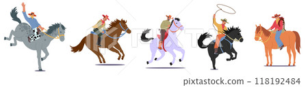 Group Of Cowboys And Cowgirls Ride Different Horses In Dynamic Action Poses. Some Are Holding Lassos 118192484