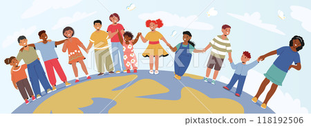 Group Of Diverse Children Characters Holding Hands Around Planet Earth. This Vector Image Depicts Unity, Friendship 118192506
