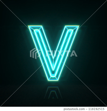 Cyan blue neon wire font Letter V 3D 118192515