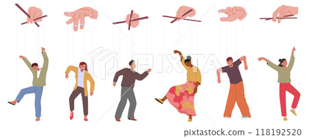 Cartoon People Characters Depicted As Puppets Breaking Free From Strings Held By Large Hands Symbolizing Manipulation 118192520
