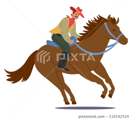 Cartoon Cowboy Character Riding A Horse, Showcasing A Western Theme With Traditional Attire And Accessories Cartoon Cowboy Character Riding A Horse, Showcasing A Western Theme With Traditional Attire And Accessories 118192524