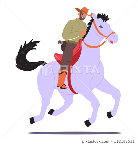 Cartoon Cowboy Riding A Horse With A Dynamic Pose. Male Character Displays A Classic Western Style 118192531