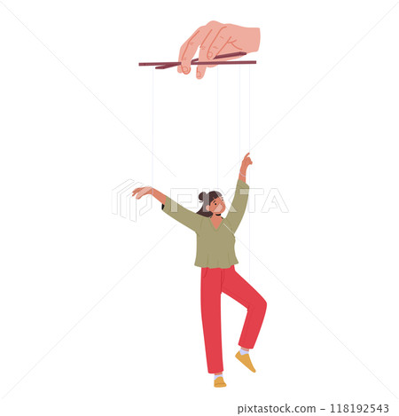 Cartoon Female Character Being Controlled By A Hand Using Puppet Strings. The Image Shows People Manipulation Cartoon Female Character Being Controlled By A Hand Using Puppet Strings. The Image Shows People Manipulation 118192543