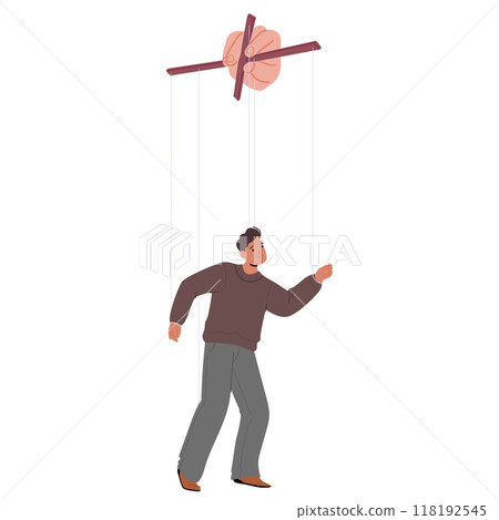Character Controlled By Puppeteer Strings. Vector Illustration Depicts Manipulation And Control Concepts Using A Puppet 118192545