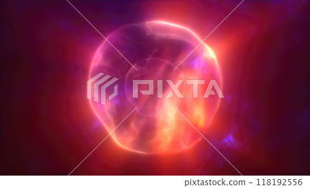 A glowing fiery abstract digital sphere with vibrant orange, red, and purple hues, floating against a dark ethereal background energy 118192556