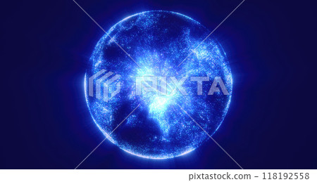A glowing blue sphere surrounded by vibrant, swirling particles and energy waves, set against a deep, starry futuristic technology space and energy concepts backdrop 118192558
