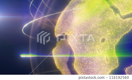 A digital representation of green Earth with glowing lines encircling the planet, highlighting global connectivity and technology 118192560