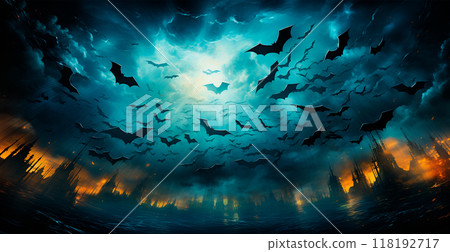 Many bats flying in the dark night, festive night of the dead, halloween - AI generated image 118192717