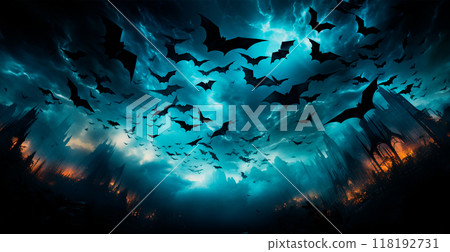 Many bats flying in the dark night, festive night of the dead, halloween - AI generated image 118192731