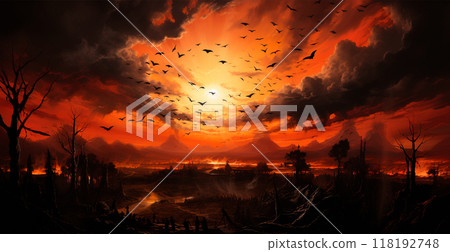 Many bats flying at bright red sunset, festive night of the dead, halloween - AI generated image Many bats flying at bright red sunset, festive night of the dead, halloween - AI generated image 118192748