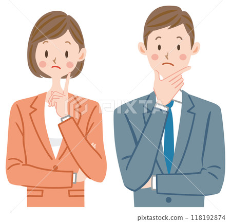 Illustration of a man and woman in a suit thinking, doubt, employee, employment, working adult, business Illustration of a man and woman in a suit thinking, doubt, employee, employment, working adult, business 118192874