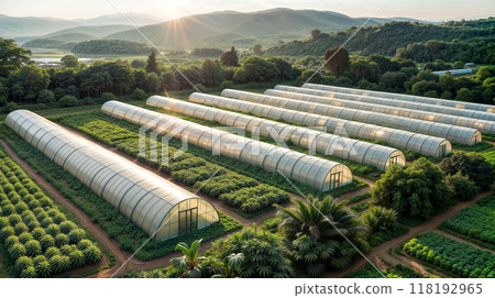 large greenhouse farm with greenhouses and rows of plants surrounded by mountains and hills. 118192965