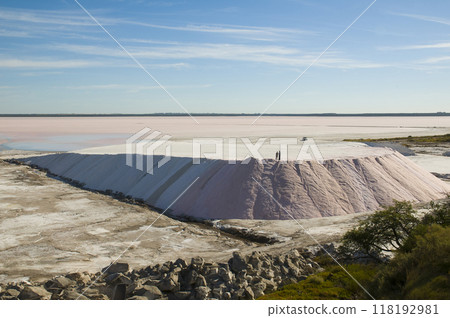 Trucks unloading raw salt bulk, Salinas Grandes de Hidalgo, La Pampa, Patagonia,  Argentina. 118192981