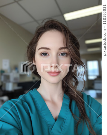 A Beautiful Smiling Nurse in Scrubs in a Hospital Setting 118193031