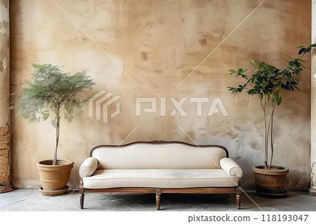 Old sofa against beige wall. Loft interior design of living room 118193047