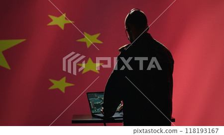 Chinese army communication systems operator using radio and satellite equipment, providing combat support. Military dispatcher managing communications networks, isolated over China flag, camera A 118193167